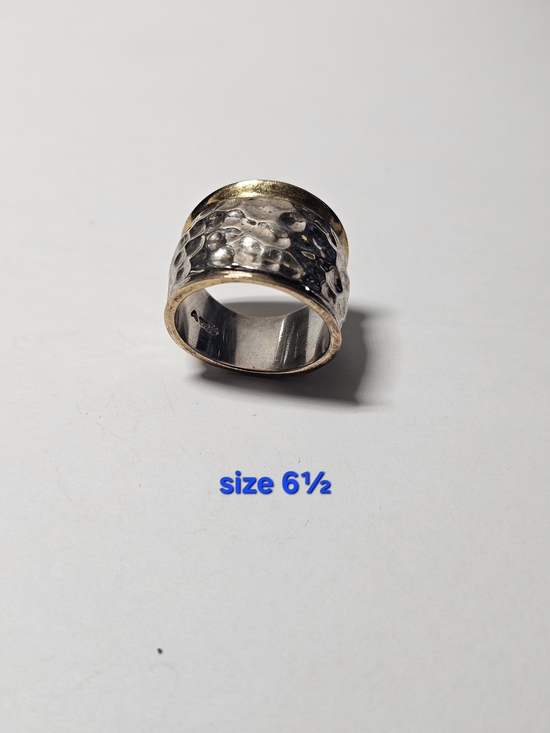 925 Sterling Silver Jewelry - 925 Hammered Two-Tone sterling Silver and Gold Wide Band Ring - Size 6½
